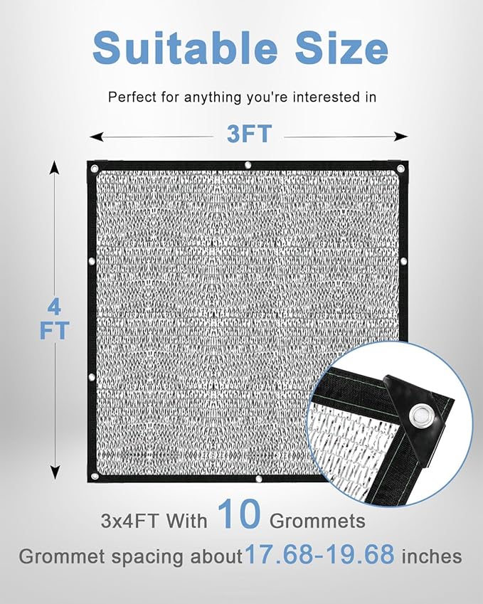 vensovo 40% Aluminum Shade Cloth - Reflective Aluminium Shade Netting Sun Shade Cover with Grommets for Cars, Dogs, Outdoor, RV, Patio (3x4FT)