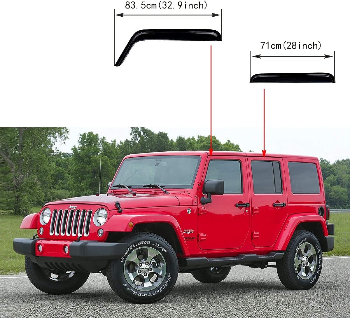 Side Window Visor Vent Deflector Rain Guard,4pcs Outside Mount Tape-on Shatterproof Dark Smoke window shades fit for 2007-2018 Jeep Wrangler 4-Door (JK) 94249