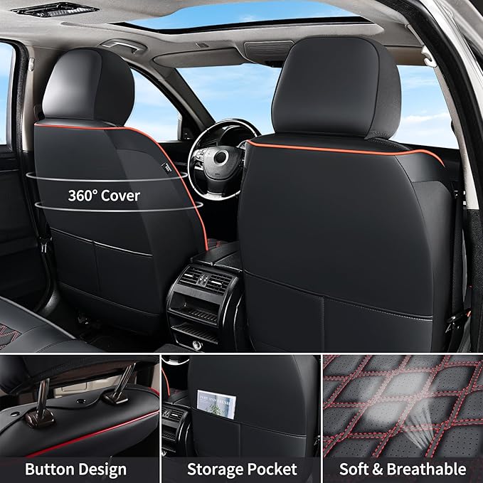 Huidasource Dodge Ram Seat Covers, Front & Rear Pickup Truck Leather Seat Cover Fit for 2009-2018 1500, 2010-2025 2500/3500 Crew Mega Cab, 2019-2025 ram 1500 Classic only(Full Set/Black&Red)