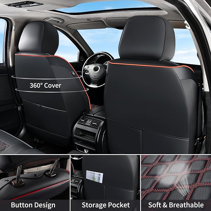 Huidasource Dodge Ram 1500 Front Seat Covers, Full Coverage Truck Seat Cover Fit for 2009-2018 ram 1500, 2010-2025 ram 2500/3500 Crew/Mega Cab, 2019-2025 ram 1500 Classic Only(Flat Front/Black&Red)
