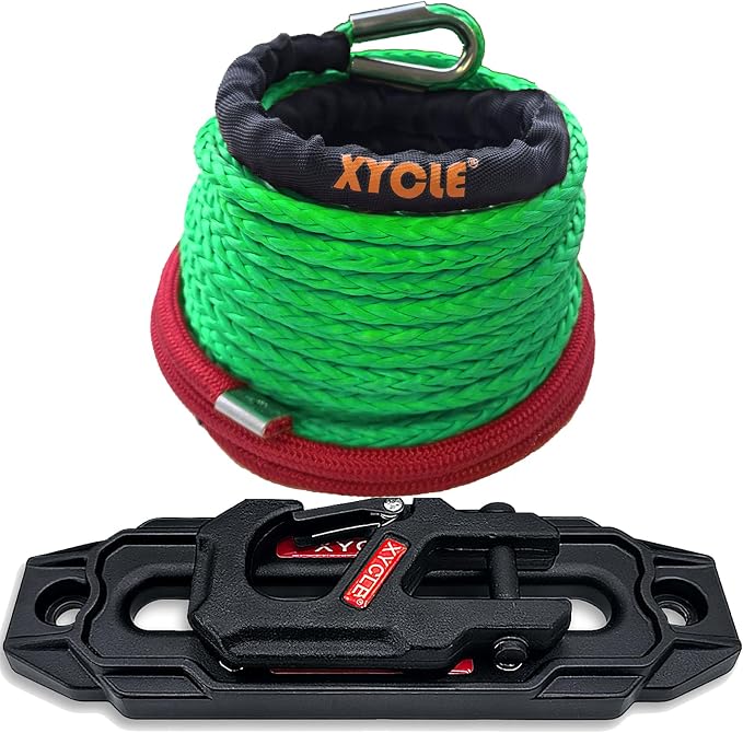 Synthetic Rope Towing Winch Fairleads, GreenBlack | 254mm,10" Aluminum Cable Guide, Foldable Forged Trailer Hook Kit, 3/8" x 90 Foot Synthetic Winch Rope