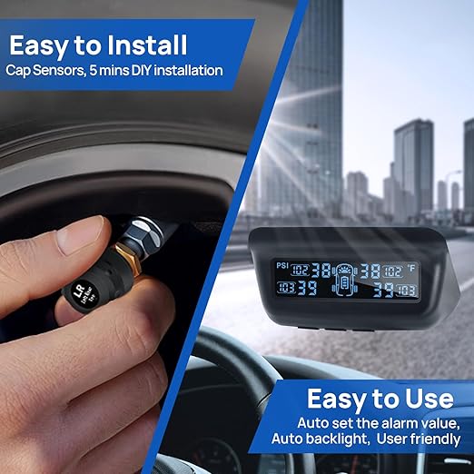 Masoll Tire Pressure Monitoring System, RV/Trailer TPMS with Solar Charging & Auto Calibration, M13 LCD Display tpms 4 sensors (0-87PSI)