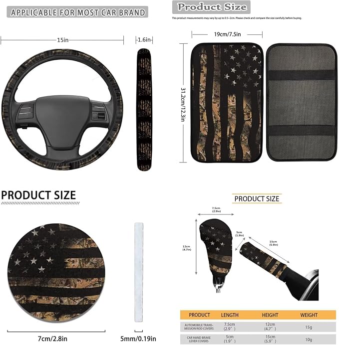 Lotusorchid American Flag Camo Hunting Automotive Seat Covers Full Set of 16, Car Seat Cover for Front Back Seats with Steering Wheel Cover Seat Belt Pads Car Shift Knob Cover Handbrake Cover