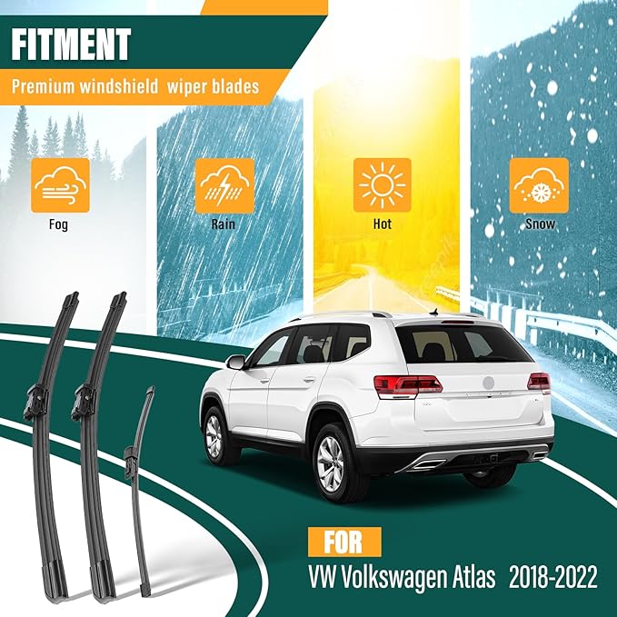 Windshield Wiper Blades Replacement for VW Volkswagen Atlas 2018 2019 2020 2021 2022 Original Factory Quality Front Rear Wiper Blade Set - 26" 22" 12" (Set of 3)