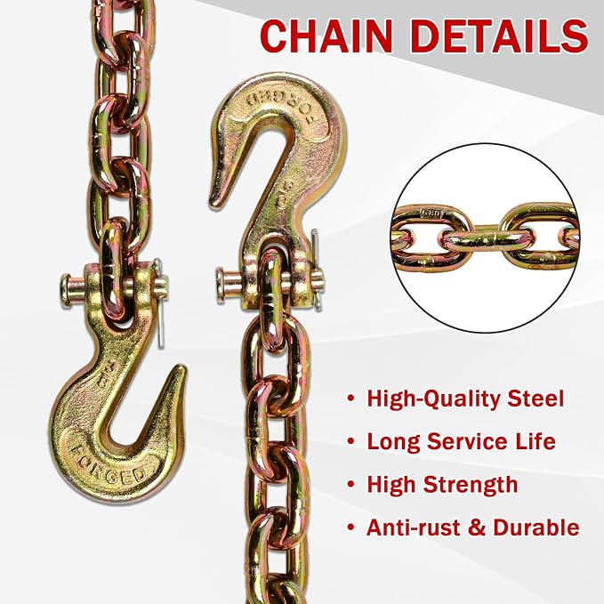 Heavy Duty G80 Transport Binder Chain, 3/8'' Inch x 10 Feet, Tow Chain with G70 Clevis Grab Hooks, 7100 lbs Safe Working Load, Yellow
