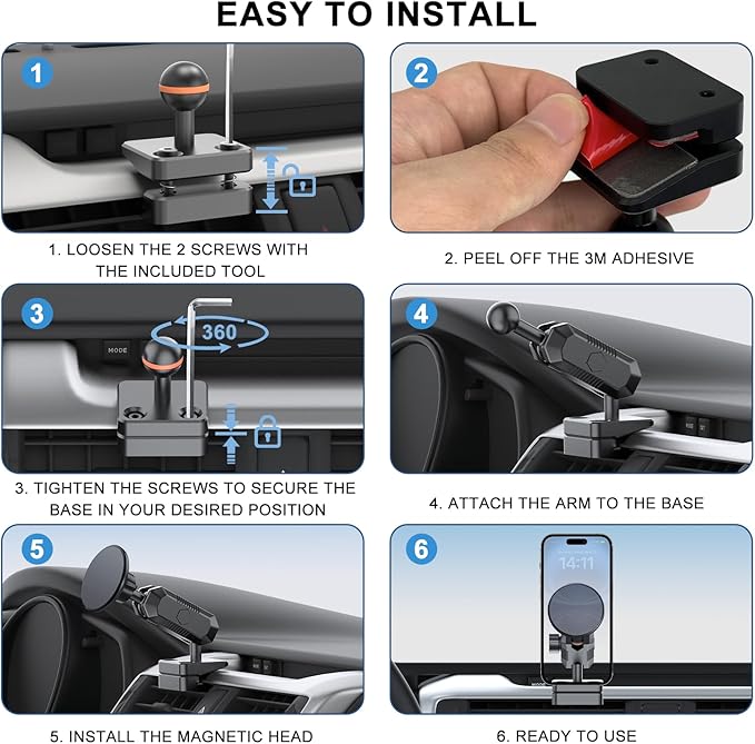 5th Gen Toyota 4Runner Phone Mount Holder, Dash Metal Magnetic Phone Holder for 4Runner 2024 2023 2022 2021 2020-2010, Toyota 4Runner Accessories for All Smartphones, 360° Adjustable, Easy to Install