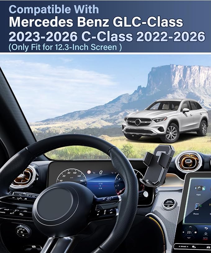 PZK Car Phone Holder for 2023 2024 2025 2026 Mercedes Benz GLC / 2022-2025 2026 C-Class Accessories 12.3-Inch Fixed Clip, Auto Lock Car Phone Mount, 360° Rotation Fit iPhone & 4.0-7.0'' Smartphones
