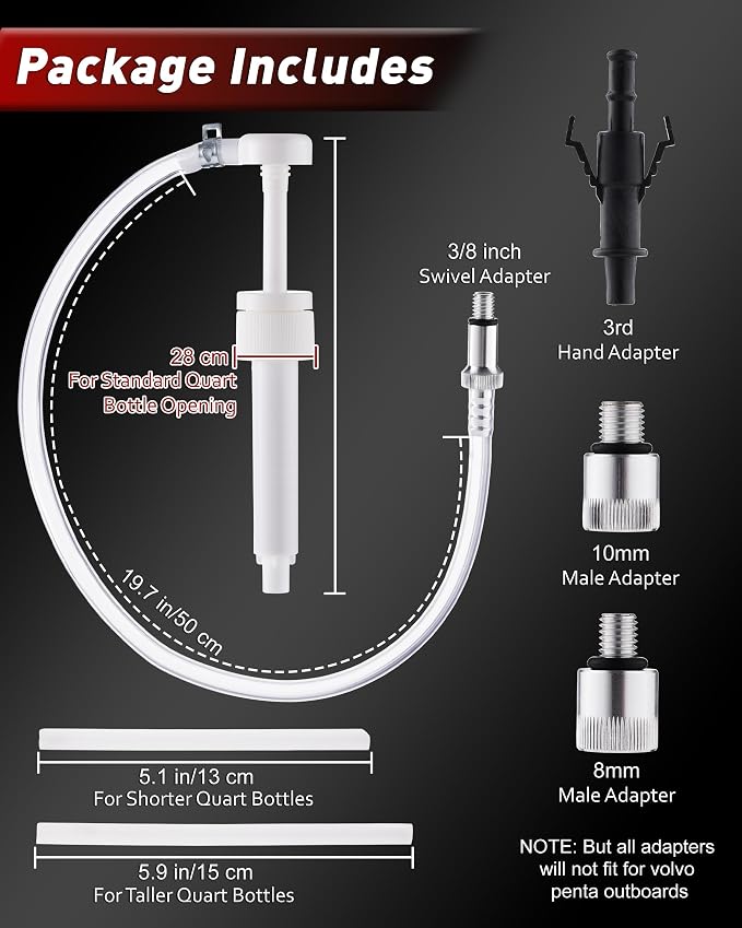 Lower Unit Gear Oil Pump for Standard Quart Bottles, 8cc Pump per Stroke, Transfer Gear Oil, Differential & Tramsmission Fluid, Hand Fluid Pump for 28mm bottle caps, 3 Metal & 3rd Adapters