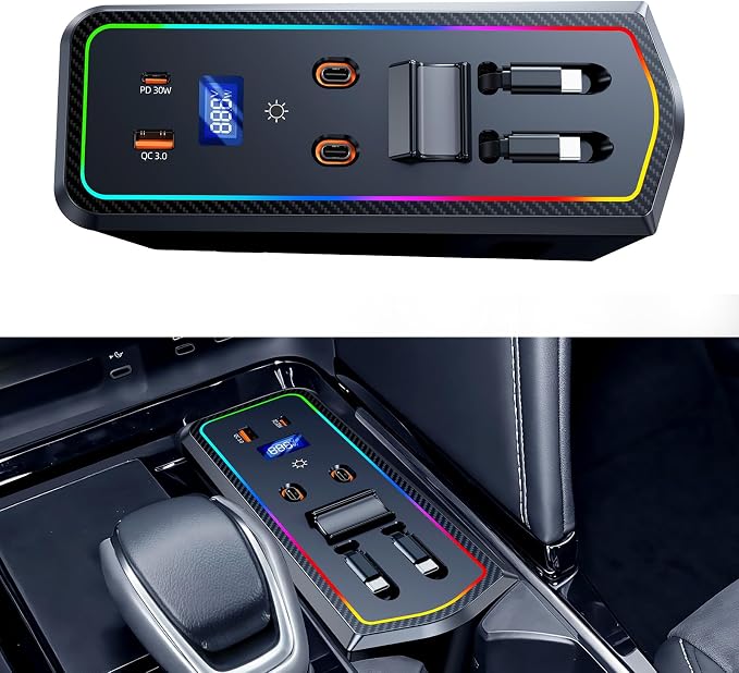 ELOHEI Car Fast Charger for Toyota Camry 2026 2025 2024 with 8-Color Ambient Light, Multi Port Retractable Docking Station for Toyota Camry 2023-2026 Accessories (Black)