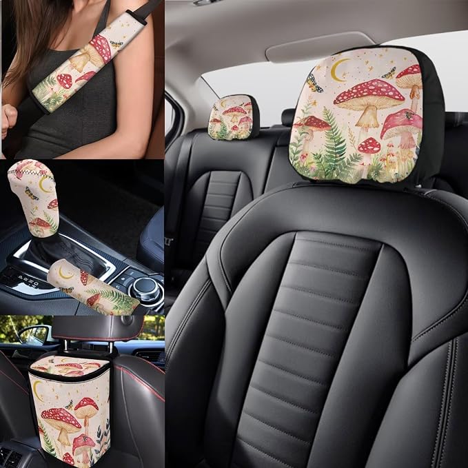 Mushroom Car Seat Covers Full Set of 17 Pcs,Starry Sky Mushroom Car Aaccessories Set with Head Rest Covers, Steering Wheel Covers,Car Trash Can with Lid Universal Auto Interior for Women