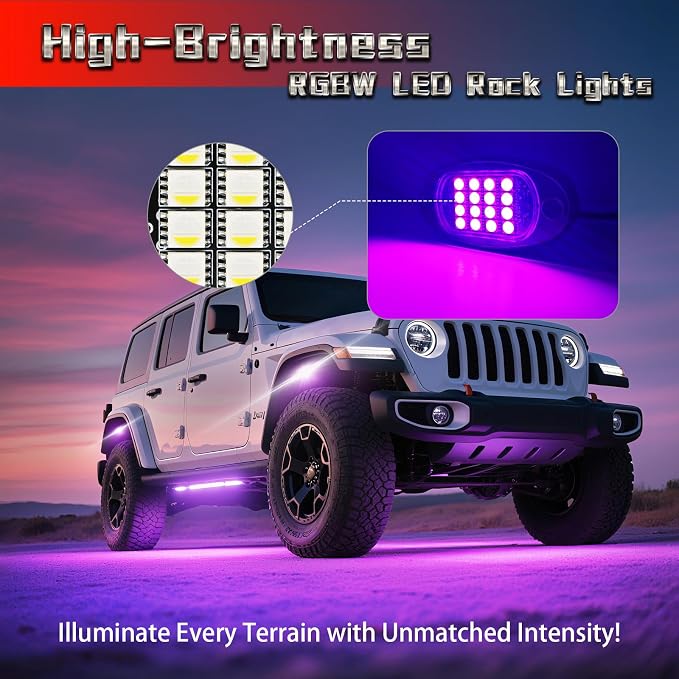 8 Pods RGBW LED Rock Lights, 6500K Bright Pure White & Vibrant RGB Underglow Lights Kit for Truck Off Road ATV UTV Golf Cart RZR, Waterproof Underbody Rock Light App/RF Remote Brake Music Sync, 12V