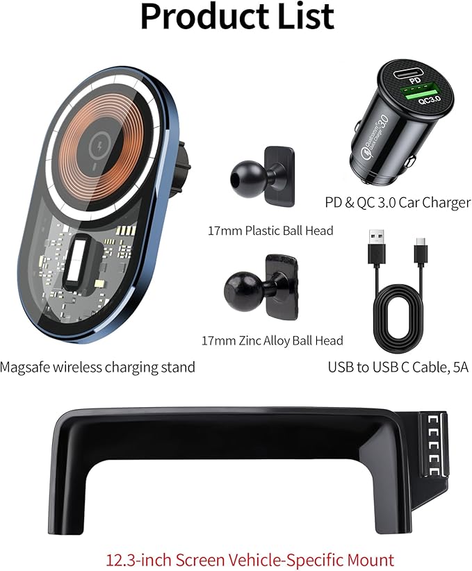 Wireless Charging Car Phone Holder for Mercedes Benz GLC-Class 2023-2026 / C-Class 2022-2026, 12.3" Screen Fixed Clip, 360° Rotation Car Phone Mount Compatible with MagSafe