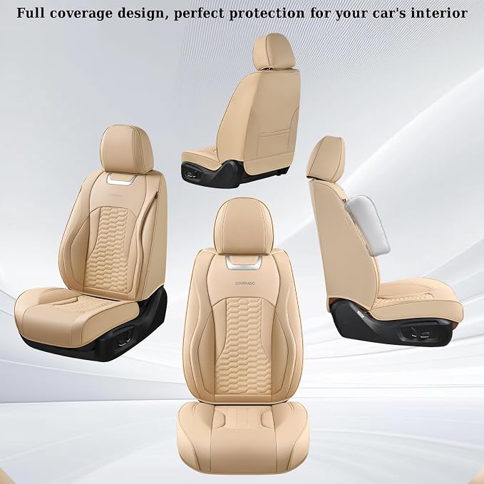 Coverado Car Seat Covers Full Set, Nappa Leather Seat Covers for Cars, Waterproof Automotive Car Seat Covers Interior Accessories Universal Fit Most Sedans, SUVs, Pick-up Trucks(Beige)