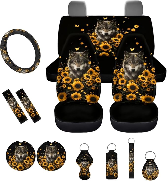 Wolf Sunflower Black Print Car Accessories Car Seat Covers Full Set with Steering Wheel Covers+Seat Belt Pads+Coasters+Keychain+Lipstick Holder Universal Fit 13 Pack