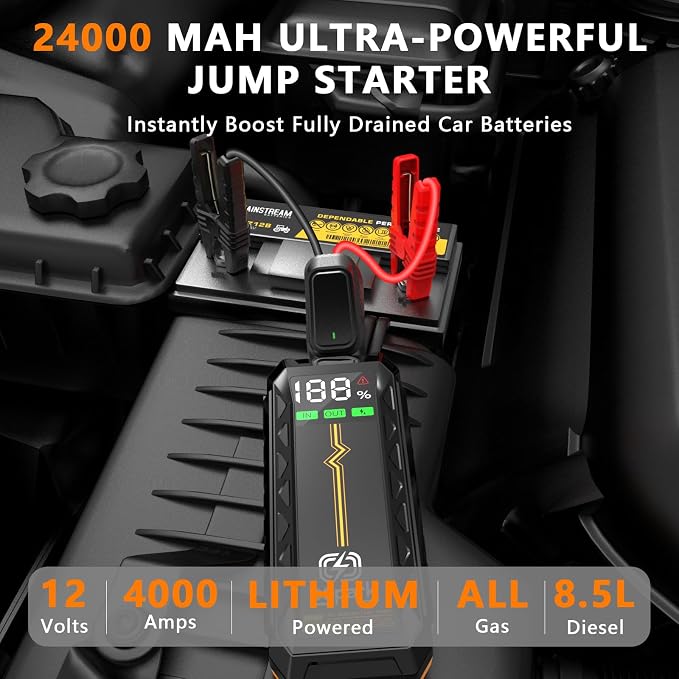 Car 4000A Jump Starter for Up to 8.5L Diesel & All Gas Engines, 12V Lithium Battery Booster Pack Jump Box, Portable Power Bank, 3 Modes LED Flashlight, 88.8W Quick Charge & Safety Protection
