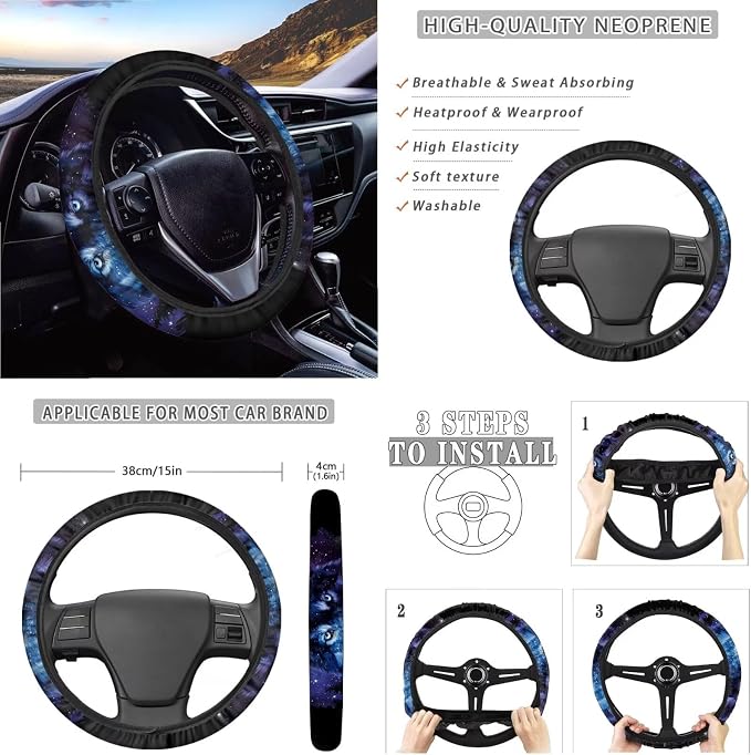 Wolf Forest Galaxy Pattern Car Accessories Car Seat Covers Full Set with Steering Wheel Covers+Seat Belt Pads+Coasters+Keychain+Lipstick Holder Universal Fit(13 Pack)