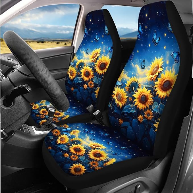 8 Pcs Sunflower Butterfly Car Interior Accessories Set for Women, Car Seat Covers Full Set with Auto Steering Wheel Cover Auto Center Console Pad Seat Belt Covers