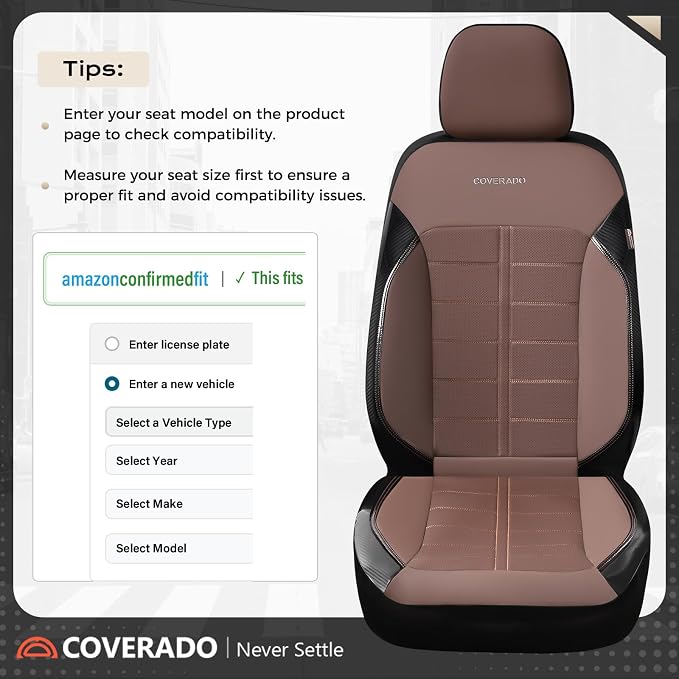 Coverado Front Seat Leather Covers, Full Leather Construction with Carbon Fibre Weave, Universal Fit for Most Cars SUV Trucks (Coffee)