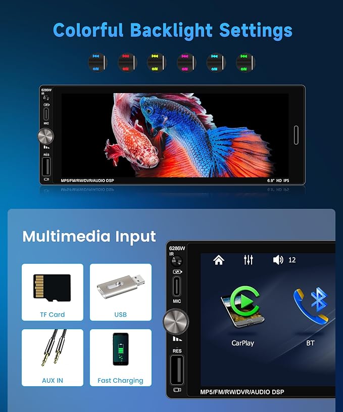 6.9 Inch Single Din Car Stereo with Wireless CarPlay/Android Auto/Mirror Link,1 Din IPS Touchscreen Car Radio Bluetooth Handsfree FM Type-C USB EQ Reverse Camera SWC