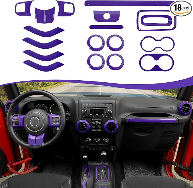 CheroCar 18PCS Interior Trim Kit for Jeep Wrangler JK JKU 2011-2018 4 Door,Steering Button Frame, Air Conditioning Vent Trim Cup Holder Cover,Gear Shift Knobs Frame,Purple…
