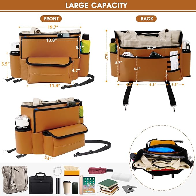 E EASTSTORM Car Purse Holder Between Seats, Car Seat Purse Handbag Holder, Automotive Consoles Organizers Storage Barrier Car Interior Accessories, Leather Large Capacity (Brown)