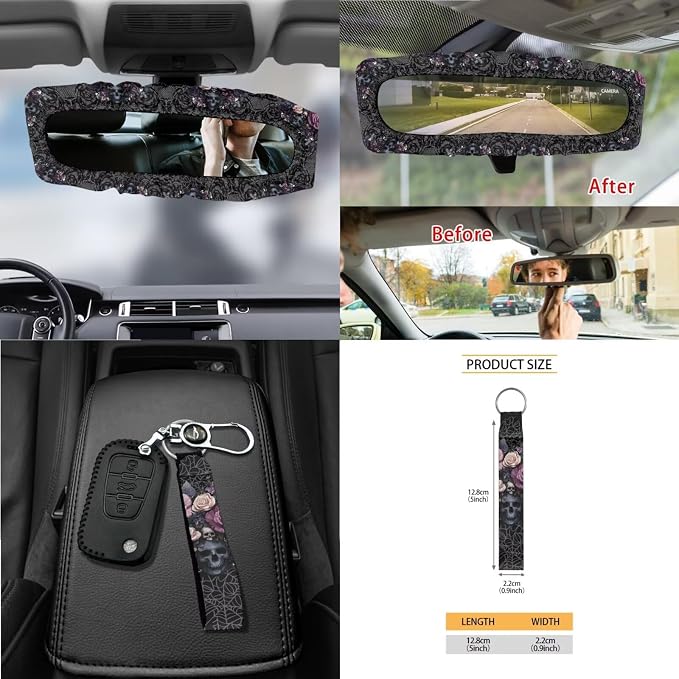 Skull Rose Print Car Seat Covers Full Set with Accessories for Women, Decorative Auto Accessories Include Steering Wheel Cover Safety Belt Pads Rearview Mirror Cover Cup Mats