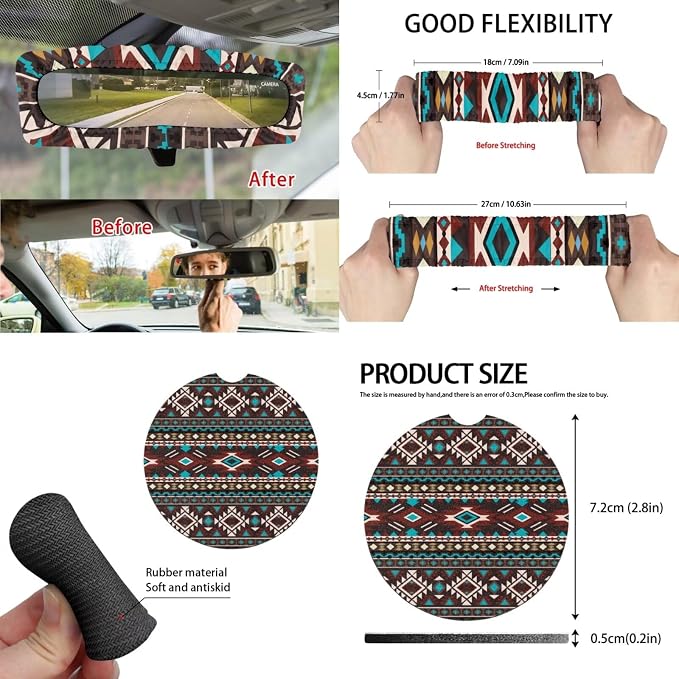 Colorful Geo Car Seat Covers Set of 15 with Universal Steering Wheel Cover, Rearview Mirror Cover, Car Trash Can, Seatbelt Pads, Cup Holder Coasters, Keychains