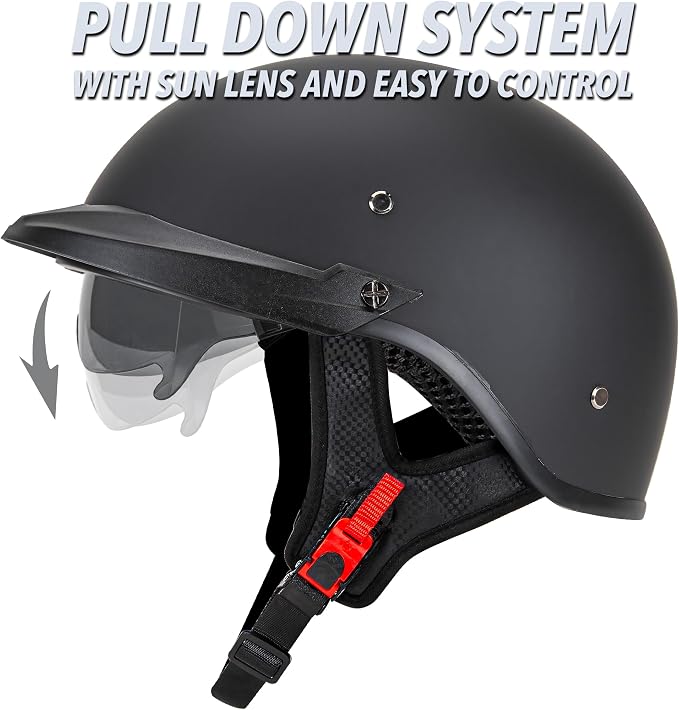 Cartman Motorcycle Open Face Helmet with Sun Visor Quick Release Buckle, Matte Black, DOT Approved