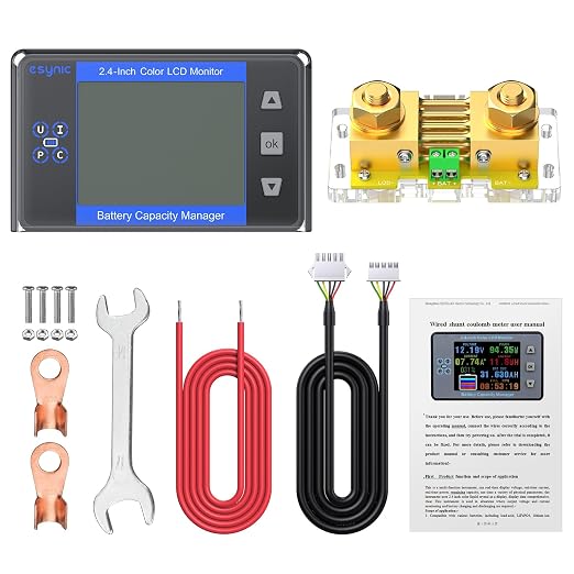eSynic Professional Battery Monitor with Shunt-Range 10V-120V and up to 500A-2.4" Size Color Backlight LCD Display for Lead Acid/LiFePO4/Lithium-Low Voltage Alarm-Only One Battery Bank-RV/Boat etc