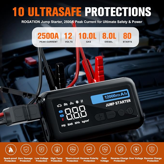 Jump Starter with 150PSI Air Compressor, 2500A Peak 12V Booster, 12000mAh Portable Car Battery Jump Starter, Up to 10L Gas/8L Diesel Engines, 33W Bidirectional Fast Charging Power Bank-Black