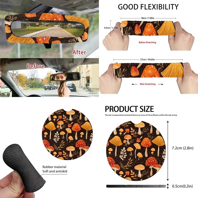 Cute Mushroom 15Pcs Car Seat Cover Full Set Car Steering Wheel Cover Seat Belt Cover Trash Bin Front Rear View Mirror Car Cup Holder Keychain