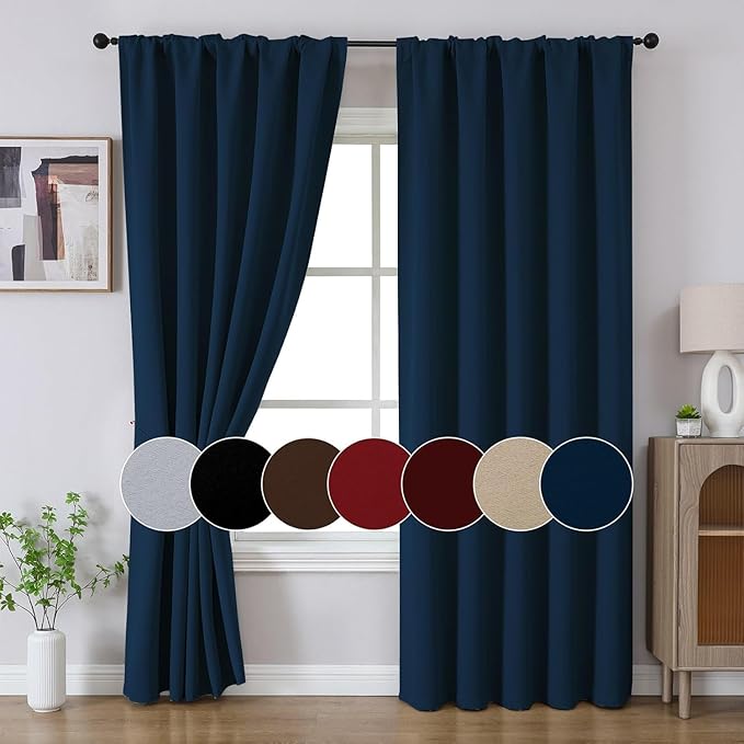Joydeco 90 Inch Blackout Curtains for Bedroom, Thermal Insulated Black Out Curtains 2 Panels Set, Room Darkening Drapes for Living Room Window Rod Pocket Back Tab (W52 x L90 Inch, Navy Blue)