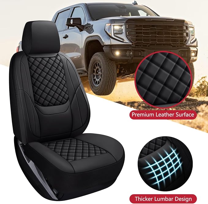 Silverado Seat Covers 2007-2026 Front Pair, Truck Interior Sets Custom Fit for Chevy Chevrolet Silverado GMC Sierra 1500/2500/3500HD Crew/Double/Extended Cab with Lumbar Support, Black