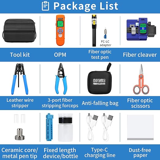 Fiber Optic Termination Tool Kit 11-in-1 Equipped Rechargeable Optical Power Meter L-C7 (-70 - +10 dBm) & VFL, Fiber Cleaver X5 and Wire Stripping Pliers, FTTH Hot melt/Cold Connection Tool Kit