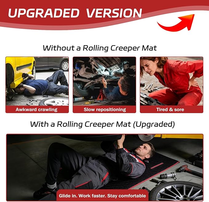 Upgraded Rolling Creeper Mat for Mechanics, 60 x 28 in Padded Automotive Work Mat for Cars, SUVs & Pickup Trucks, Red