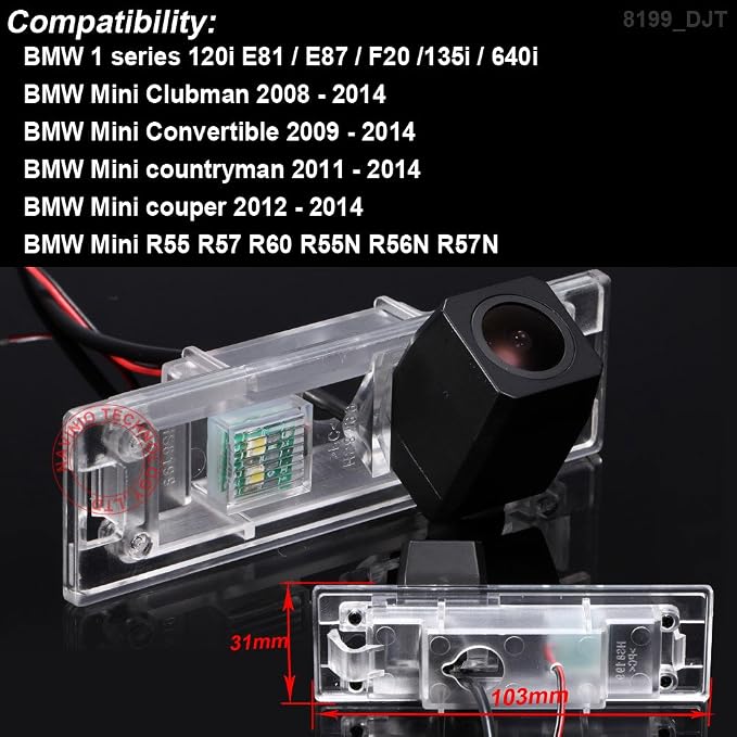 HD IP68 1280Pixels Auto 170° License Plate Light Rear View Reversing Camera Compatible with BMW 120i E81/E87/F20/135i/640i/M1 F21/Mini Clubman/Convertible/Countryman/Couper/R55 R57 R60/R55N R56N R57N