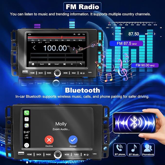 5GWifi Upgrade Radio for Chevy Silverado 1500/2500/3500 2007-2013, Express Van 1500/2500/3500 2013-2025, GMC Yukon Acadia 2007-2012, 7" Touch Screen Stereo Wireless Carplay Android Auto GPS FM Camera