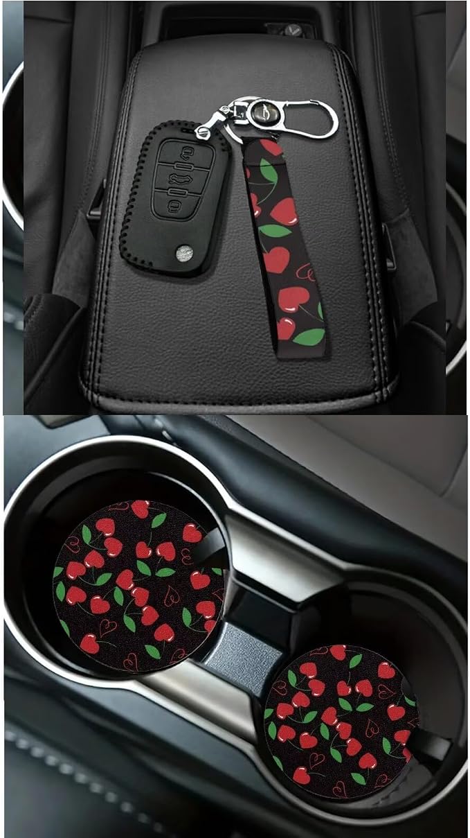 Dreaweet Cute Car Seat Covers Full Set for Women Cherry Car Accessories Interior 15 Pcs,Car Steering Wheel Covers Seatbelt Covers Coaster Trash Can Air Vent Holder Rear View Mirror Cover Keychain