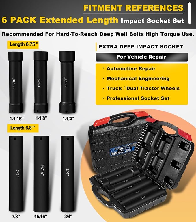 1/2 Inch Drive Extended Length Impact Socket Set - 6 Piece Extra Deep Impact Socket Set - Hex Size 3/4", 7/8", 15/16", 1-1/16", 1-1/8", 1-1/4" Heavy Duty With Storage Case For High Torque Use