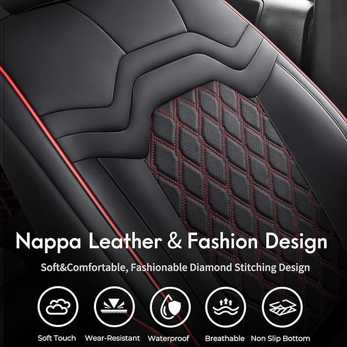 Huidasource Fit for GMC Sierra Back Seat Cover, Chevy Silverado Back Seat Cover 1500 2007-2013&2019-2026, 2020-2026 2500HD 3500HD Crew Cab WT LS LT, Sierra Rear Seat Covers Nappa Leather, Black＆Red