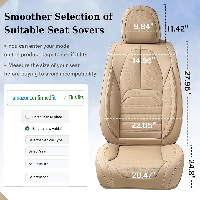 Coverado Car Seat Covers Full Set, Beige Waterproof Nappa Leather Seat Cushion & Seat Protector, Universal Automotive Seat Covers for Front and Rear Seats, Compatible with Most Cars SUV Trucks