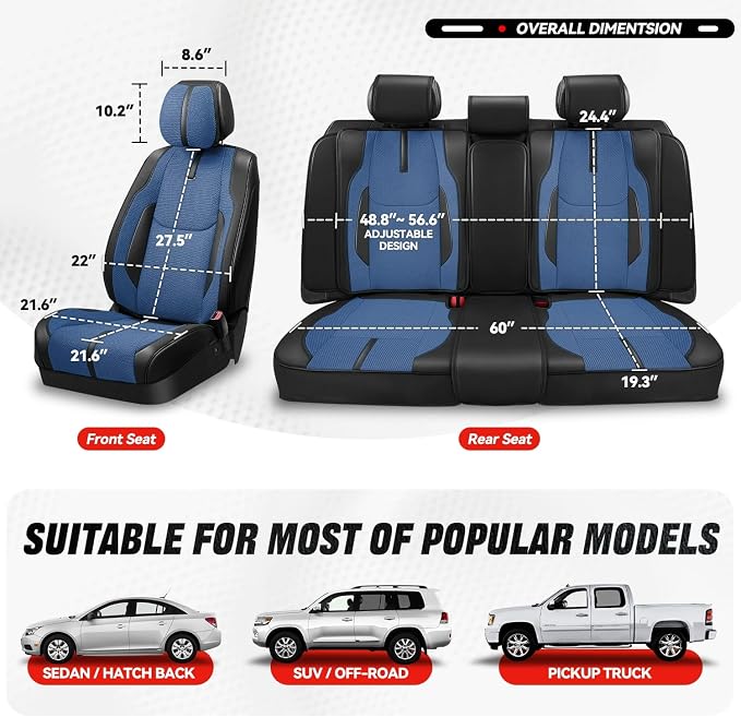 Auto Dynasty Car Seat Covers Full Set, Automotive Seat Covers for Cars Breathable Waterproof, Universal Anti-Slip Car Interior Protectors Compatible Airbag Fit Most Cars, Blue, Drive Series