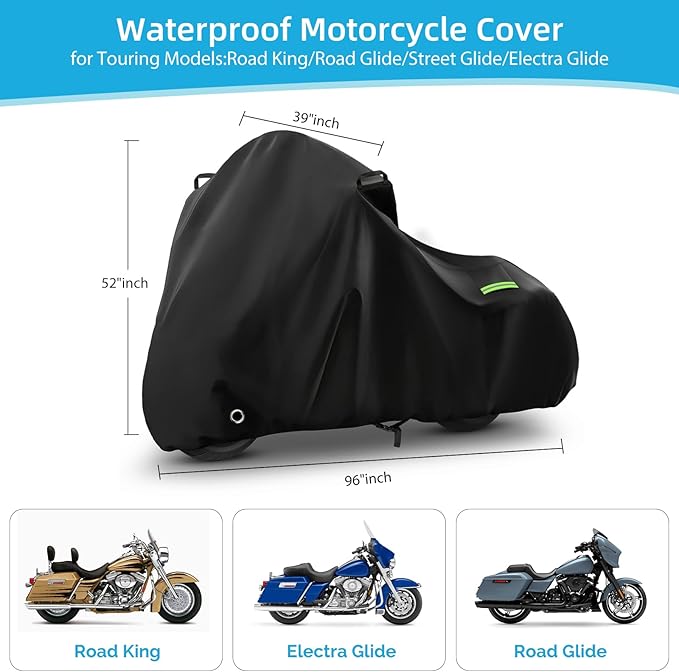 Motorcycle Cover Waterproof for Touring Models Road King/Road Glide/Street Glide/Electra Glide, Heavy Duty Sun UV Rain Snow Outdoor Protection Motorbike Cover with Soft Cotton Lining & Lock Hole