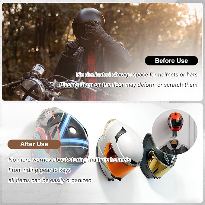 Motorcycle Helmet Holder Wall Mount - Heavy Duty Helmet Hanger Rack with 2 Key Hooks, Solid Wood & Strong Steel Design for Bike, Football, Skiing Sports Gear, Jackets & Hats (2)