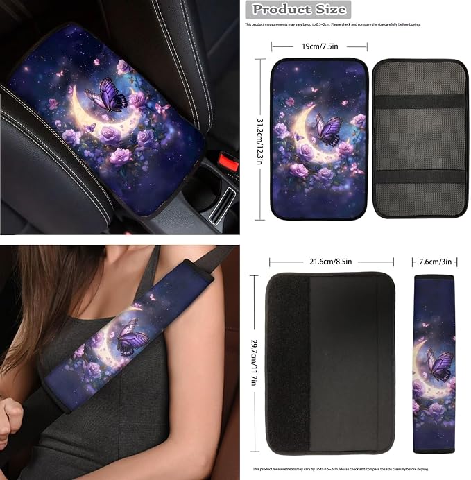 Purple Moon Galaxy Butterfly Car Seat Covers Full Set 15 Pcs Universal Car Accessories Steering Wheel Cover Seat Belt Pads Garbage Bag Car Headrest Pillow Covers Armrest Pad