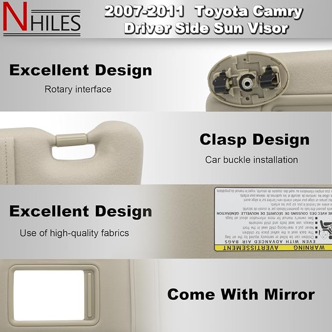 NHILES Left Driver Side Sun Visor Compatible with Toyota Camry Without Light 2007 2008 2009 2010 2011 Replaces# 74320-06780-E0 Color Beige