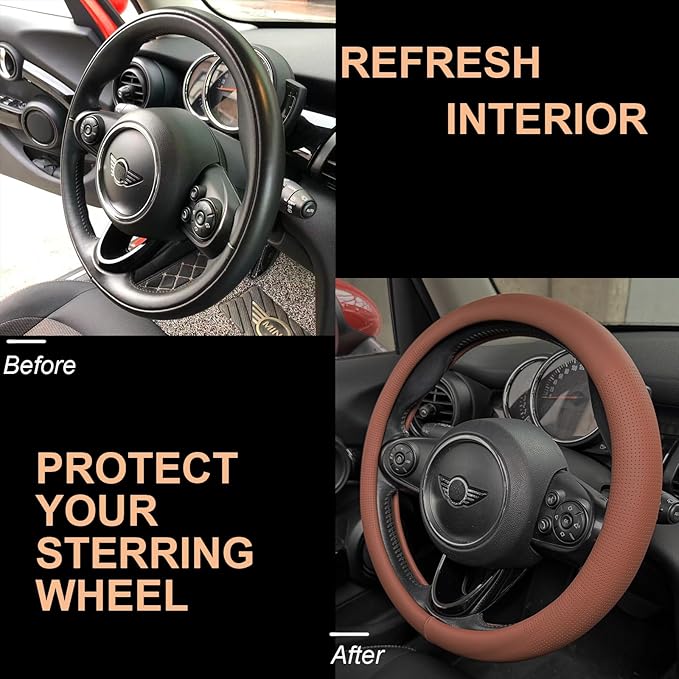 PINCTROT Nappa Leather Steering Wheel Cover, Slim Fit No Bulk Design, One Piece Leather with Breathable Perforation, Fit Like Gloves, Universal 14.5-15 Inch(Nappa Brown)