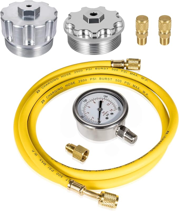 Fuel/Oil Pressure Test Kit with Billet Aluminum Fuel/Oil Filter Cap, Fuel Pressure Gauge and Hose Kit for 2003-2007 Ford 6.0L Power Stroke Diesel