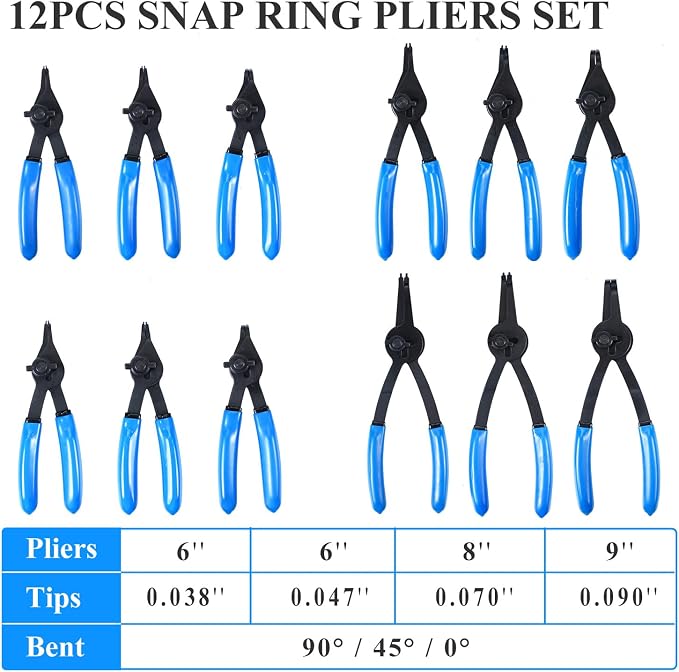 12Pcs Snap Ring Pliers Set, Internal/External Retaining Ring Pliers Set | 4 tip sizes 0.038", 0.047", 0.070", 0.090", 3 tip angles 0°, 45°, 90°
