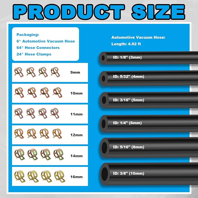 6PCS 5Ft Silicone Vacuum Hose Automotive Kit,ID 3/8",5/16",1/4",3/16",5/32",1/8" Vacuum Lines Automotive with Tee/Straight/Reducer Connector & Clamps,Professional Vacuums Line Kit (94PCS)